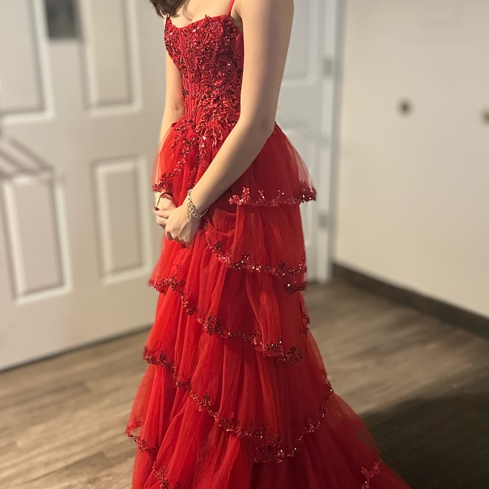 Princess stunning Red Beaded Tiered Tulle Prom Dress
